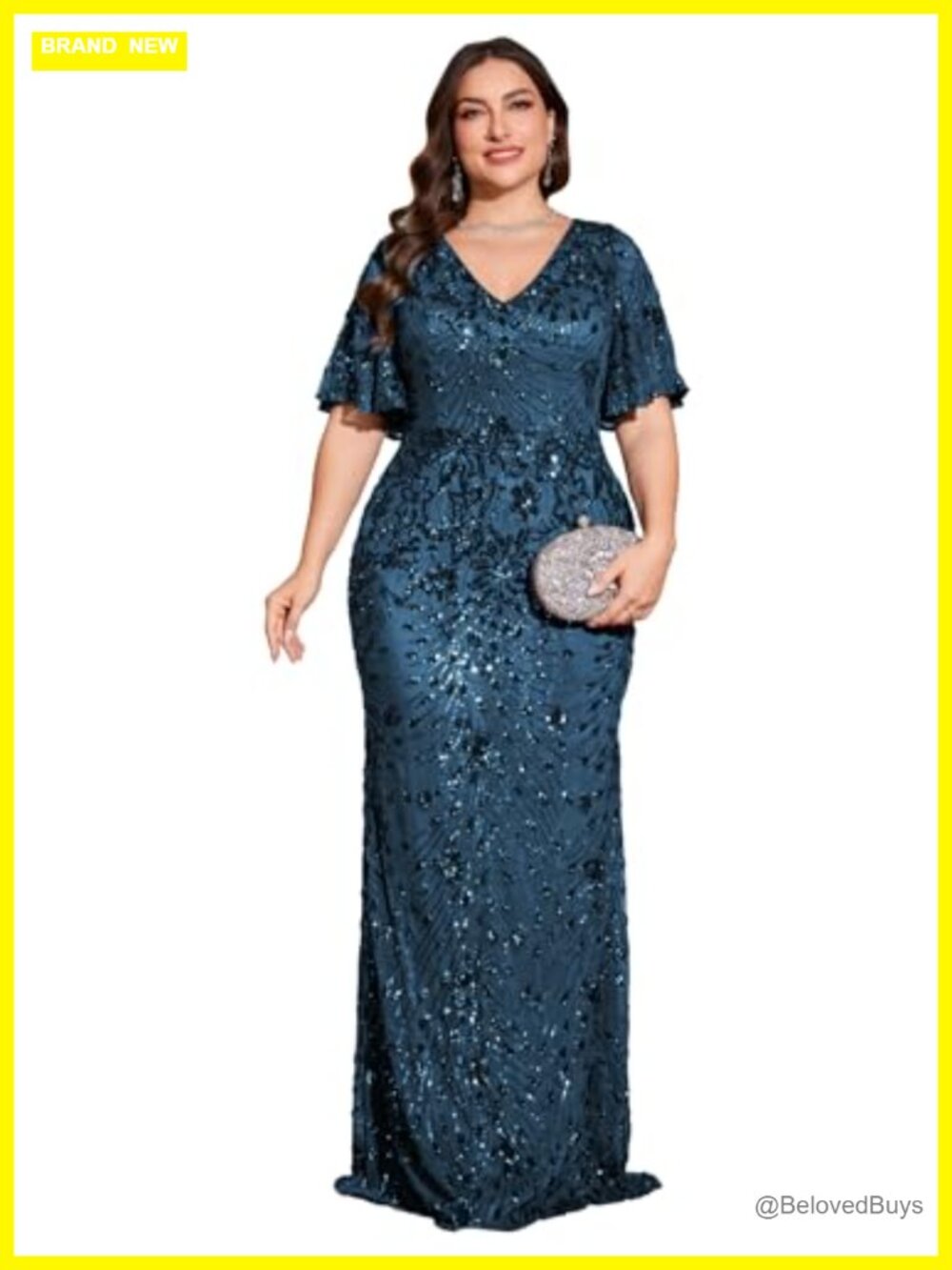 Womens Plus Size Formal Evening Gown Sequin Mermaid Prom Dress Short Sleeve